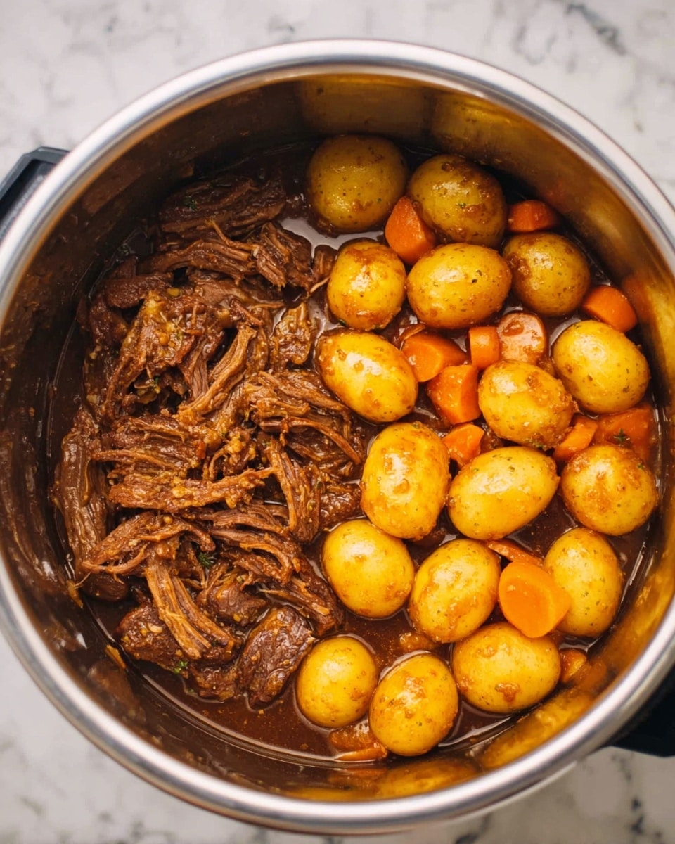 Inside a silver pot, there is shredded brown meat covered in a rich dark brown sauce on the left side. On the right side, there are small round golden potatoes mixed with bright orange carrot chunks, all lightly coated in the sauce. The food sits on a white marbled surface photo taken with an iphone --ar 4:5 --v 7