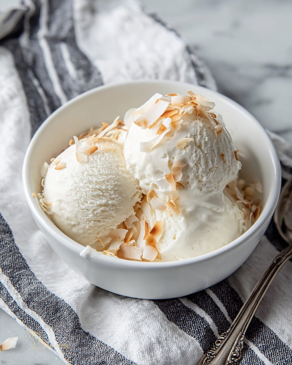 A white bowl holds three round scoops of creamy white ice cream topped with small pieces of light golden toasted coconut flakes scattered over the top. The bowl sits on a white marbled surface covered partially with a dark and light gray striped cloth. A silver spoon lies on the cloth near the bowl, and soft lighting highlights the smooth texture of the ice cream. Photo taken with an iphone --ar 4:5 --v 7