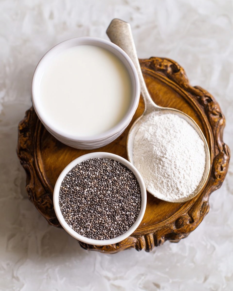 The image shows three small white bowls on a white marbled surface with a carved wooden stand underneath. One bowl is filled with smooth, creamy white milk with a soft shine, filling the bowl completely. To the right, a small bowl holds a mound of fine white powder that looks light and fluffy. Below these two, a third bowl contains many tiny, shiny black chia seeds densely packed together, creating a textured layer. Photo taken with an iphone --ar 4:5 --v 7