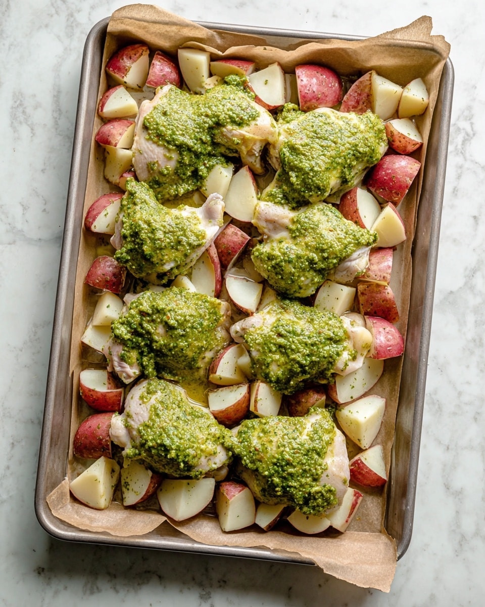 A metal baking tray lined with light brown parchment paper holds a mix of red and white potato chunks as the bottom layer, showing varied shapes and a firm texture. On top of the potatoes, there are seven raw chicken pieces, each coated with a thick, uneven layer of bright green herb sauce that looks coarse and fresh. The potatoes peek from beneath the chicken, creating a contrast of earthy tones and vibrant green. The tray is set on a white marbled surface. photo taken with an iphone --ar 4:5 --v 7