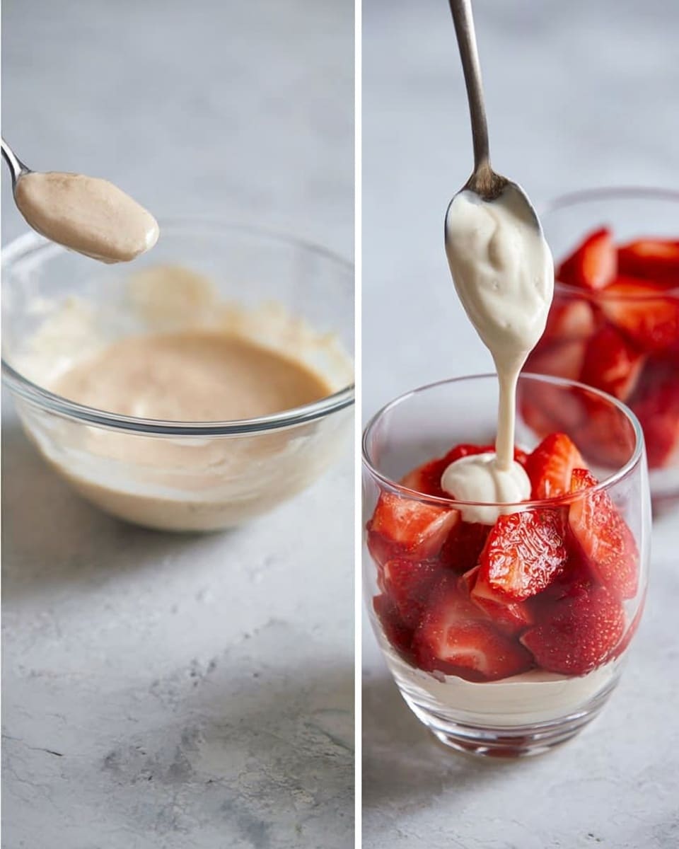 The image shows two parts: on the left there is a clear glass bowl filled with a light beige creamy mixture, with a silver spoon holding some of this mixture above the bowl, all set on a white marbled surface. On the right, there are two clear glass dessert cups filled with bright red sliced strawberries; in the front cup, a smooth white cream is being poured over the strawberries from above, with a blurry second cup filled with strawberries in the background, all on the same white marbled surface. photo taken with an iphone --ar 4:5 --v 7