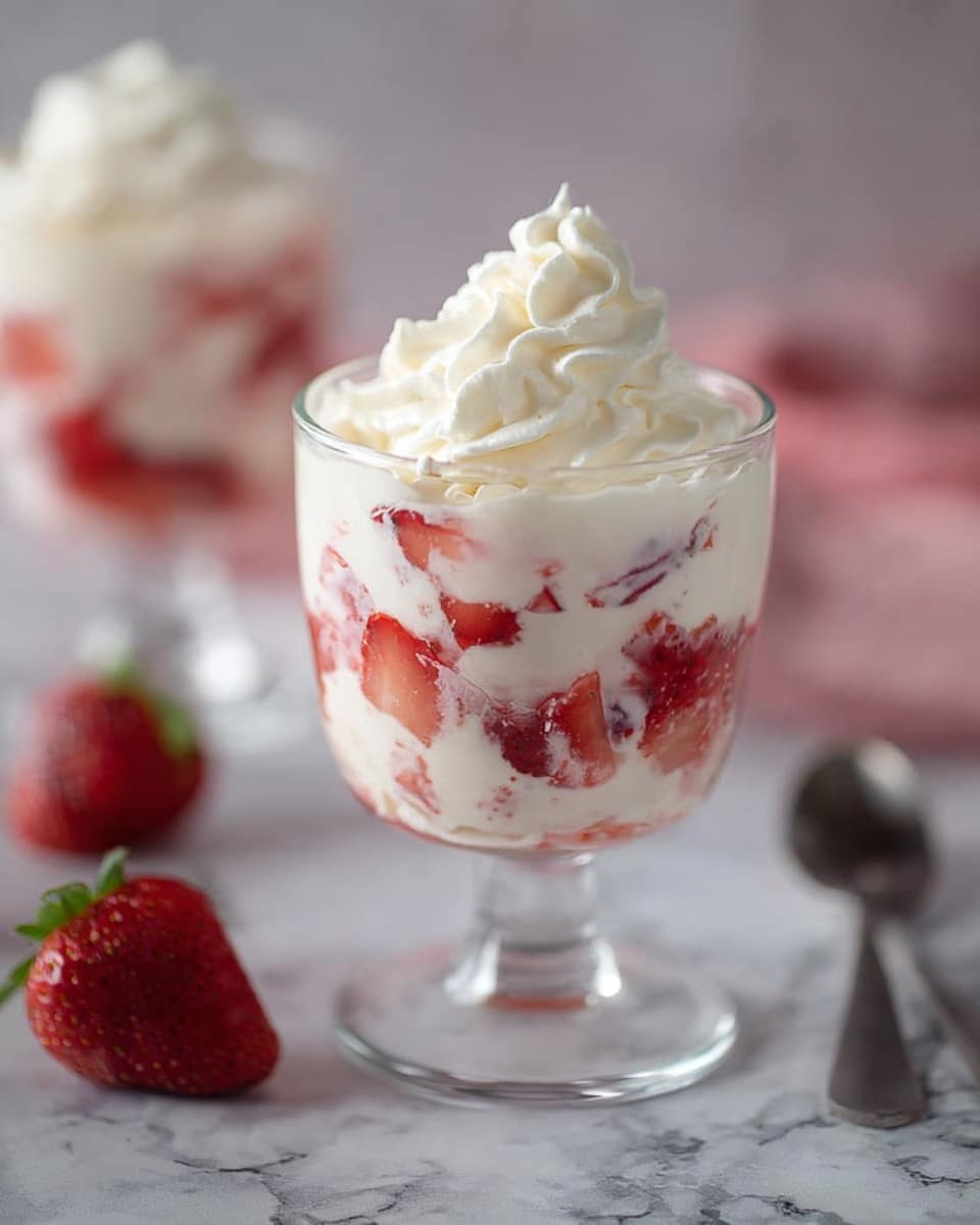 A clear glass dessert cup holds a three-layered treat on a white marbled surface. The bottom layer shows red strawberry chunks mixed with creamy white yogurt or custard, followed by a similar middle layer with more visible strawberry pieces, giving a pinkish and white swirl effect. The top layer is a fluffy, white whipped cream dollop neatly swirled on top, creating a soft texture contrast. The glass has a short stem and rounded bowl shape, and a second, slightly blurred glass of the same dessert is visible in the background with a silver spoon nearby. Two fresh strawberries lie to the left of the main glass. photo taken with an iphone --ar 4:5 --v 7