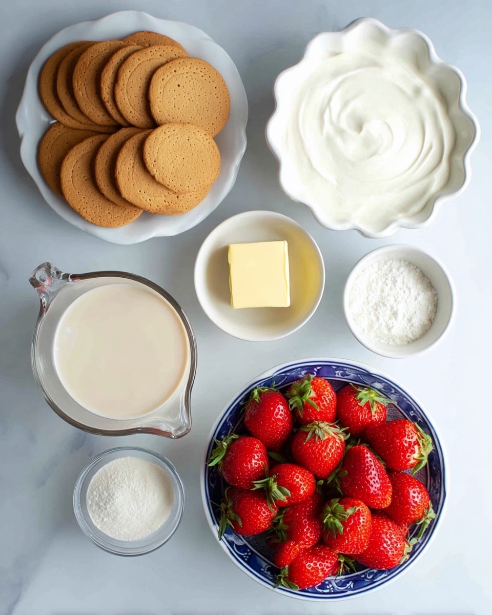 The image shows six ingredients arranged neatly on a white marbled surface. At the top left, there is a white bowl filled with round, light brown biscuits, stacked to form a slightly overlapping circle. To the right of the biscuits, a white scalloped bowl contains a smooth, creamy white layer of soft cheese or cream. Below the biscuits, on the left, there is a glass measuring cup with a clear handle, filled with pale cream liquid. In the middle, there is a small white round bowl with a square of light yellow butter inside. To the right of the butter, a small white bowl is filled with a fine white powder, likely sugar or flour. At the bottom center, a deeper blue and white patterned bowl holds a pile of fresh, bright red strawberries with green tops, creating a colorful contrast. Photo taken with an iphone --ar 4:5 --v 7