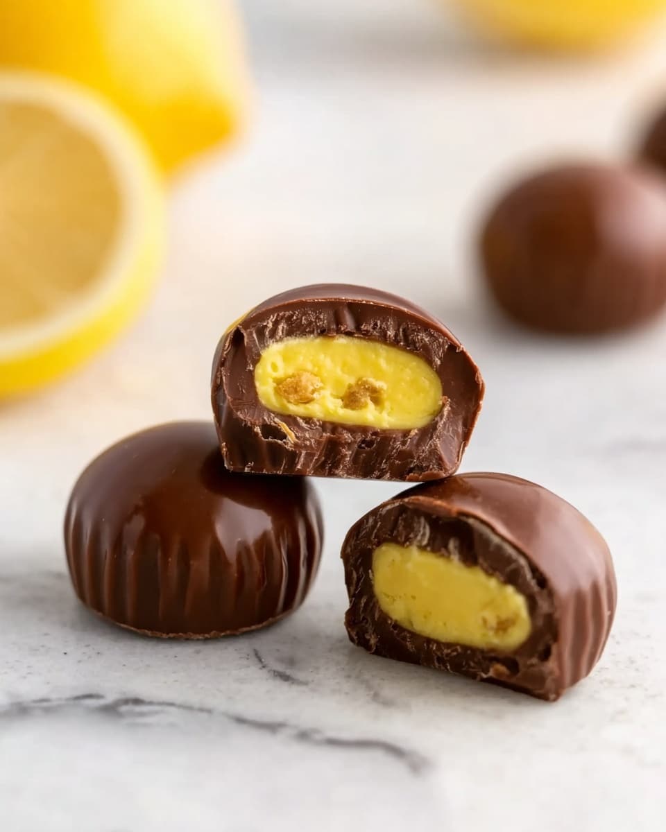 The image shows three chocolate candies on a white marbled surface. Two candies are whole with shiny, smooth brown chocolate shells, and one candy is cut in half to reveal a bright yellow creamy filling inside with small bits of nuts or other pieces. One half of the cut candy sits on top of a whole candy, and the other half rests on the surface in front. The background is soft and out of focus with hints of yellow and white, suggesting a lemon or similar item in the distance. The lighting is bright and natural. Photo taken with an iphone --ar 4:5 --v 7
