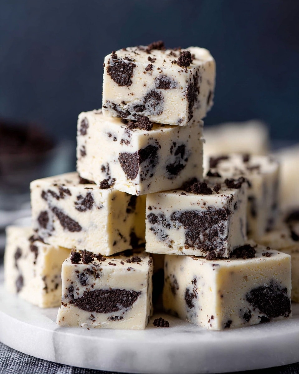A stack of six square pieces of creamy white fudge with dark brown cookie bits mixed throughout each piece is shown. The fudge has a smooth texture with chunks of cookie embedded inside and sprinkled on top. The blocks are stacked unevenly on a white marbled surface, presented on a white plate. The background is soft and dark, focusing on the rich contrast between the white fudge and chocolate cookie pieces. Photo taken with an iphone --ar 4:5 --v 7