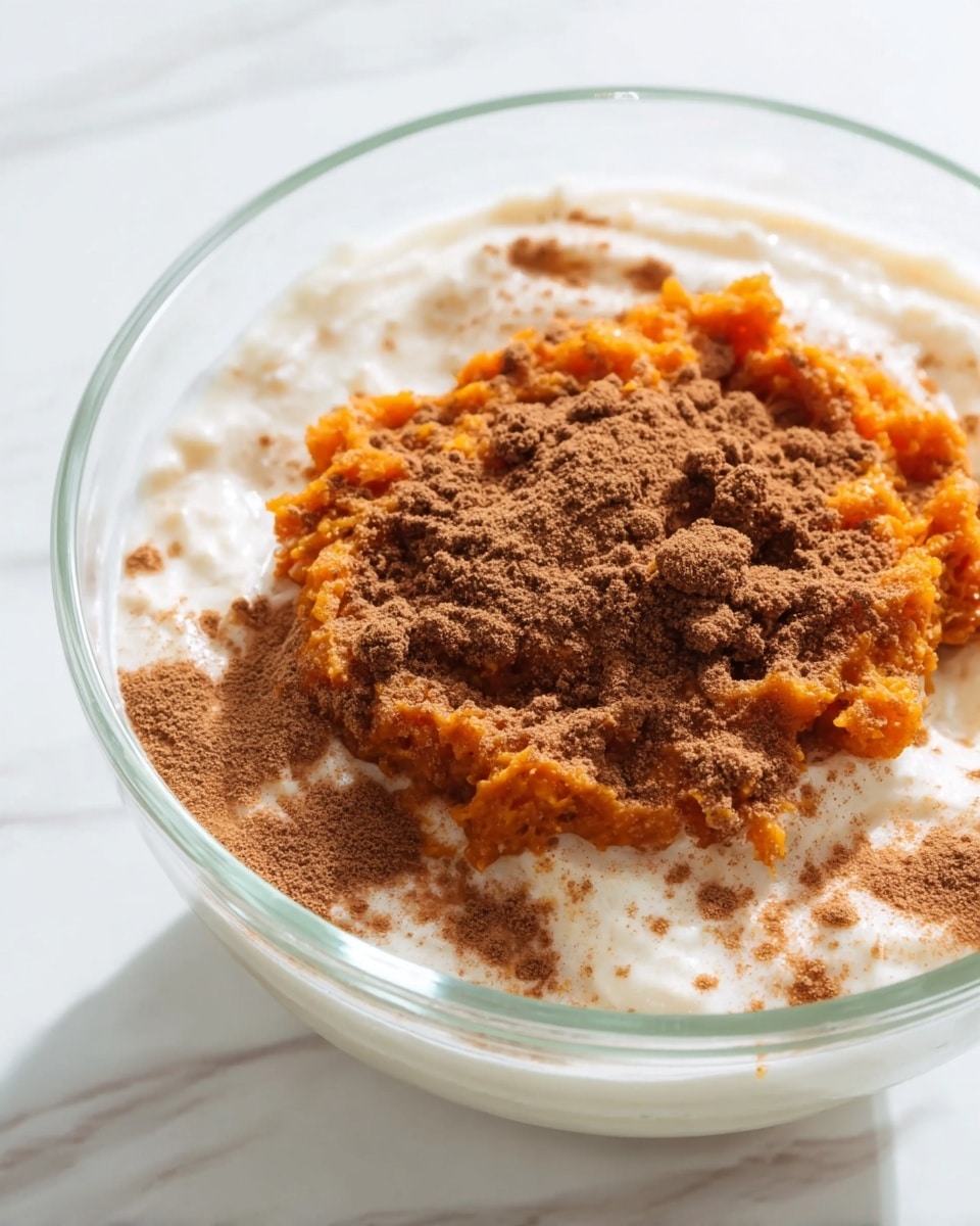 A clear glass bowl filled with a thick white creamy layer on the bottom, topped with an uneven layer of orange mashed pumpkin in the center, which is sprinkled with a generous amount of brown cinnamon powder covering both the pumpkin and parts of the creamy layer. The bowl sits on a white marbled surface with a soft diffuse light highlighting the textures and colors. photo taken with an iphone --ar 4:5 --v 7