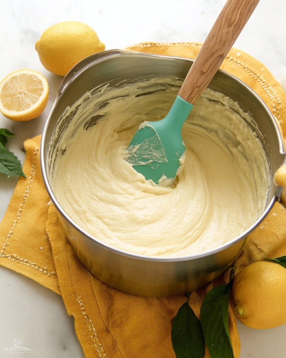 A silver mixing bowl is filled with smooth, pale yellow batter with a creamy texture, likely cake mix. Inside the bowl, a teal silicone spatula with a wooden handle gently stirs the batter. The bowl sits on a yellow cloth with stitched details, placed on a white marbled surface. Nearby, a halved lemon and a whole lemon with green leaves add bright yellow and green accents, enhancing the fresh and vibrant feel of the scene. Photo taken with an iphone --ar 4:5 --v 7
