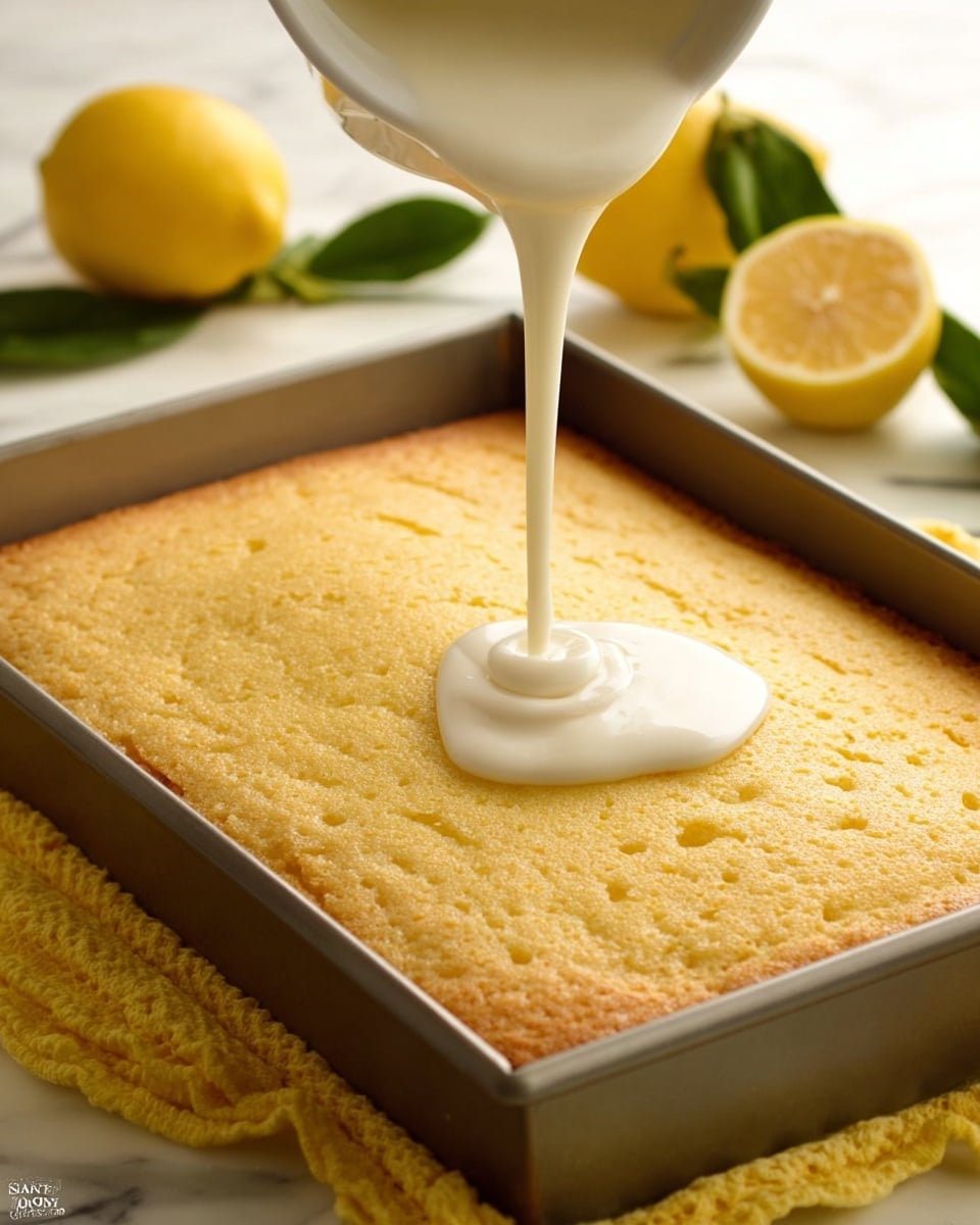 A close-up of a light golden brown cake in a rectangular metal pan with a smooth, slightly textured top layer. Thick white sauce is being poured onto the center of the cake, creating a small pool that spreads outward. In the background on a white marbled surface, a whole lemon and a lemon cut in half with green leaves around them are visible, adding a fresh look. A white marbled texture surface holds the pan, which is placed on a yellow cloth. Photo taken with an iphone --ar 4:5 --v 7