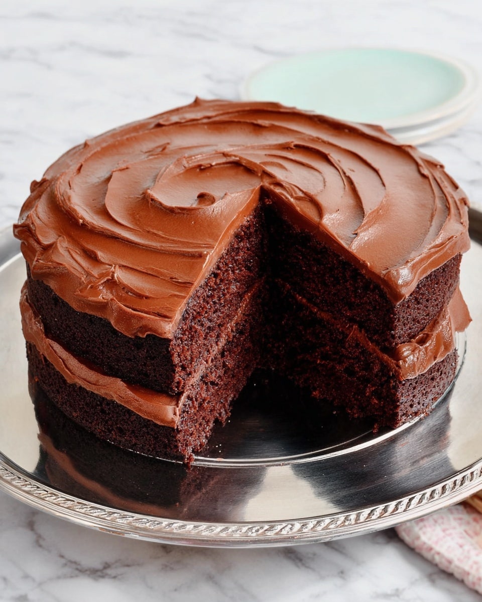 The image shows a round two-layer chocolate cake on a shiny silver plate. Each layer is thick, dark brown, and moist, separated by a smooth, lighter brown chocolate frosting. The whole cake is covered with the same frosting, which looks creamy and has a swirling pattern on top. One slice of the cake is removed but leaning next to the cake, showing the inside clearly. The background is a white marbled texture. Photo taken with an iphone --ar 4:5 --v 7