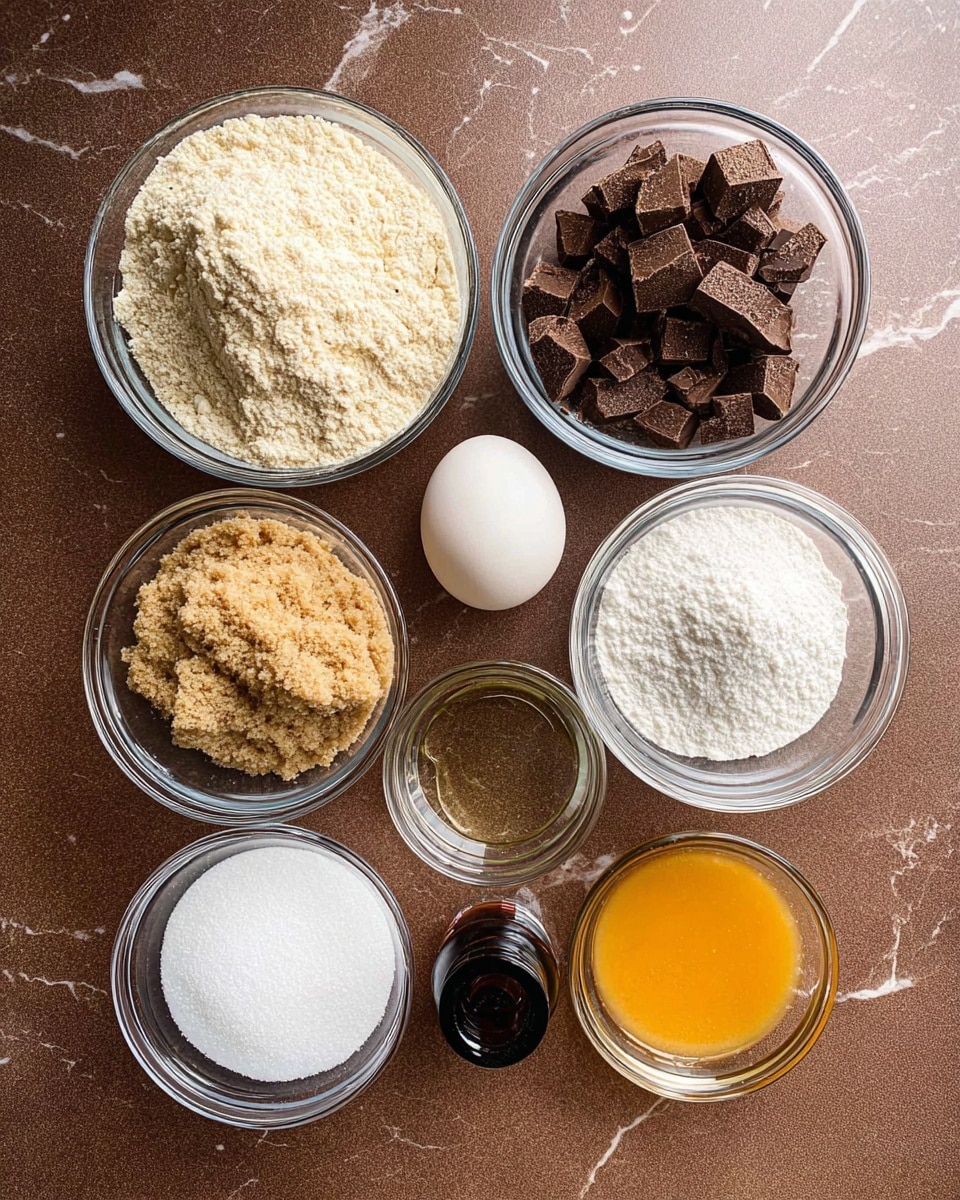 The image shows seven small clear glass bowls and one white egg placed on a brown surface. The top left bowl holds light beige flour piled up with a soft texture. To the right, a bowl is filled with dark brown, rough chunks of chocolate. Below the flour, the bowl contains light brown, crumbly brown sugar. In the center, the white egg sits between bowls. Below the egg, a bowl holds bright white granulated sugar. To the right of the sugar, a smaller bowl contains white baking powder and salt in powder form. On the bottom right, a bowl is filled with a foamy orange-yellow melted butter or similar liquid. Next to it is a small dark brown vanilla extract bottle with a black cap. Finally, a small bowl near the bottom center holds a clear liquid, likely oil. Everything sits neatly arranged on a white marbled texture. photo taken with an iphone --ar 4:5 --v 7