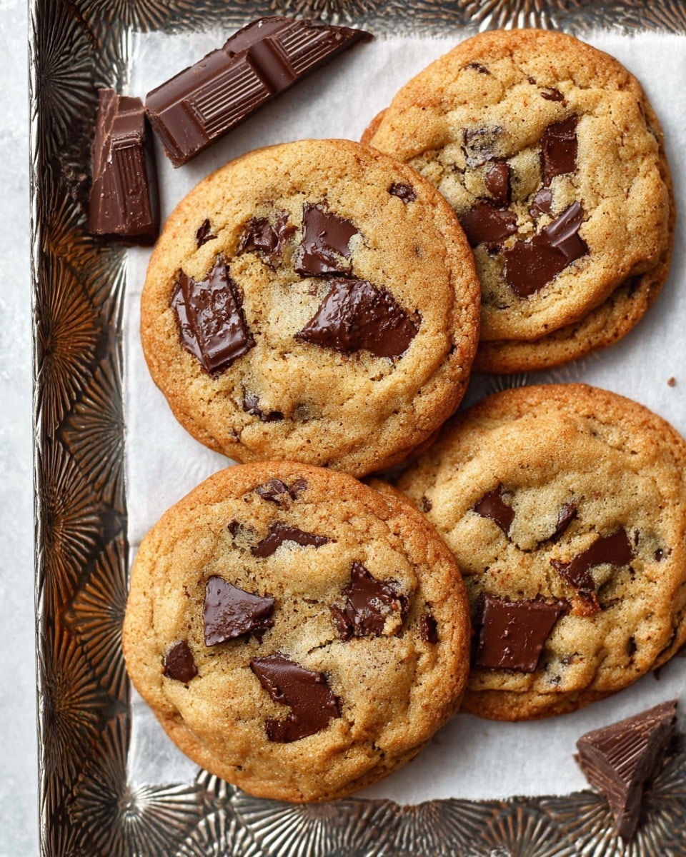 The image shows four golden-brown chocolate chip cookies placed closely on a white parchment paper that rests on a silver textured tray with a decorative pattern. The cookies have a slightly crisp edge and soft, uneven tops with large chunks of dark chocolate embedded visibly, giving a rich contrast against the lighter cookie dough. Near the top edge of the tray, a few pieces of broken dark chocolate lie scattered. The background surface is a white marbled texture. photo taken with an iphone --ar 4:5 --v 7
