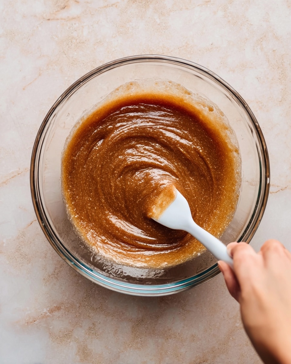 A clear glass bowl with a thick, smooth brown mixture inside, swirled with a white spatula. The mixture has a shiny, slightly grainy texture and covers the bottom of the bowl evenly. A woman's hand holding the spatula is visible at the edge of the image. The bowl sits on a white marbled surface. photo taken with an iphone --ar 4:5 --v 7