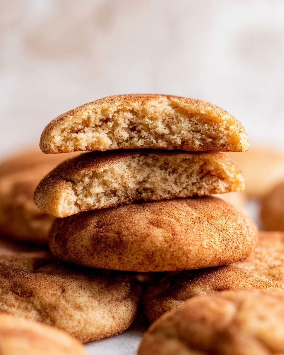 A close-up image shows soft, round cookies with a light brown color and a slightly rough texture, covered in a cinnamon sugar coating. Two cookies are stacked on top, with the top cookie broken in half to reveal the soft, moist inside with a crumbly texture. The cookies rest on a pile of similar whole cookies, all resting on a white marbled surface. Photo taken with an iphone --ar 4:5 --v 7
