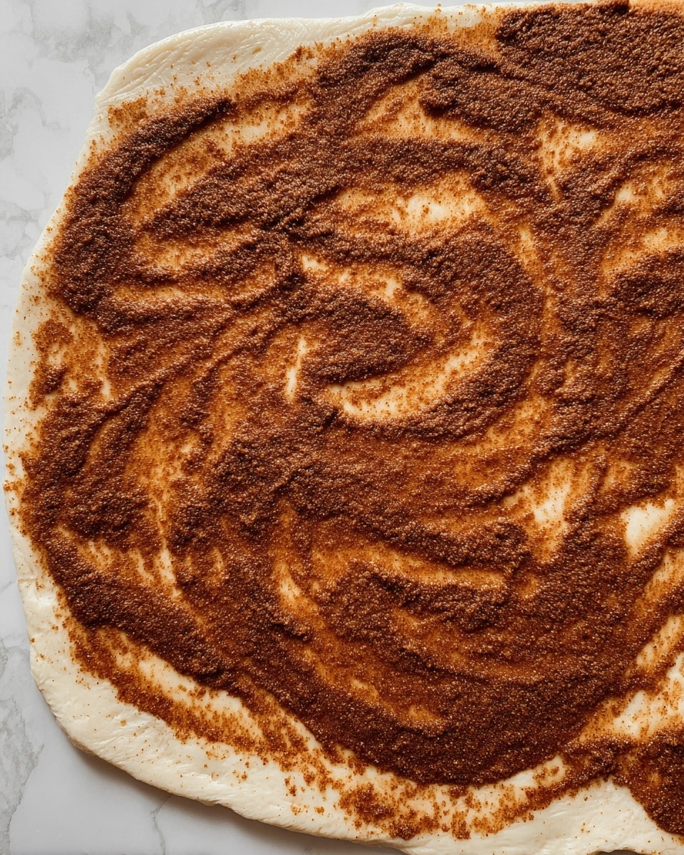 A close-up of a rolled-out dough on a white marbled surface, covered evenly with a thick layer of dark brown cinnamon and sugar mixture spread in swirling patterns. The dough is light cream in color, with slightly uneven edges showing the natural shape of the roll-out. The cinnamon layer varies slightly in texture, with some areas smoother and others showing slight clumps. The overall look is rustic and ready for rolling up. photo taken with an iphone --ar 4:5 --v 7