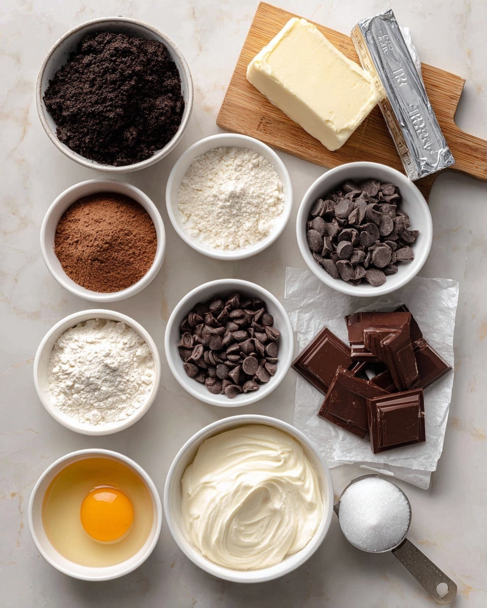 A collection of various ingredients is spread out on a white marbled surface, each in its own white bowl or container. Starting from the top, there is a white bowl full of dark Oreo crumbs with a silver butter stick and a silver cream cheese block resting on a wooden board behind it. Below, small white bowls hold light brown cocoa powder, white powdered sugar, and thick white sour cream. A small white bowl contains dark chocolate chips, while a piece of white parchment paper holds blocks of semi-sweet chocolate, which is dark brown in color. A larger white bowl filled with heavy cream sits near the bottom center alongside three smaller white bowls: one with amber-colored vanilla, one with a white egg, and another with one egg yolk, which is bright yellow. On the right side, a metal measuring spoon with sugar completes the array, all arranged neatly for a clear ingredient display. photo taken with an iphone --ar 4:5 --v 7