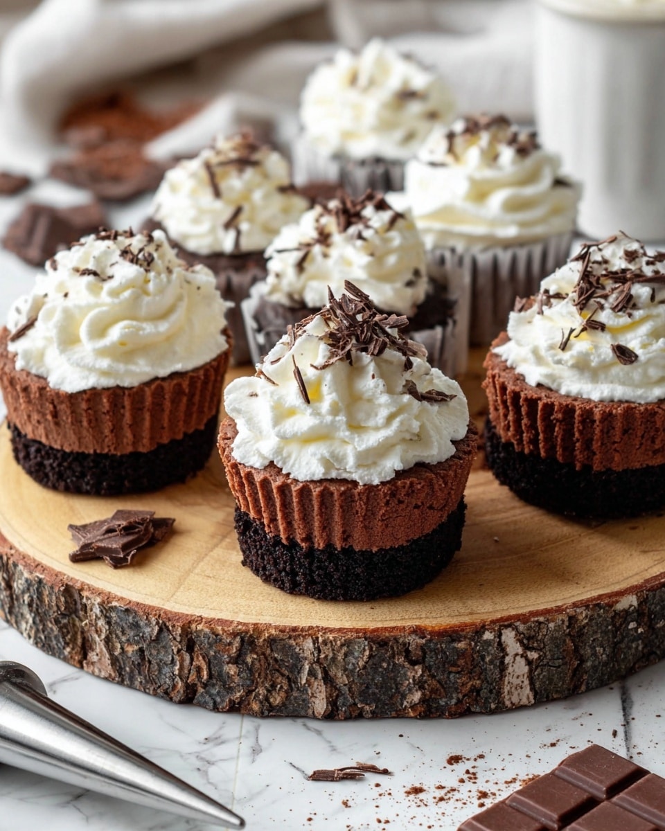 The image shows several small chocolate cupcakes arranged on a round wooden board with bark on the edge, placed on a white marbled surface. Each cupcake has three visible layers: a dark chocolate crumb base, a slightly lighter chocolate mousse middle layer, and a generous swirl of white whipped cream on top. The whipped cream is sprinkled with small dark chocolate shavings, adding texture. In the background, some cupcakes have no whipped cream and show only the two chocolate layers. A silver piping tip lies on the white marbled surface near the board, and there are small pieces of chocolate and cocoa powder scattered around. Photo taken with an iphone --ar 4:5 --v 7