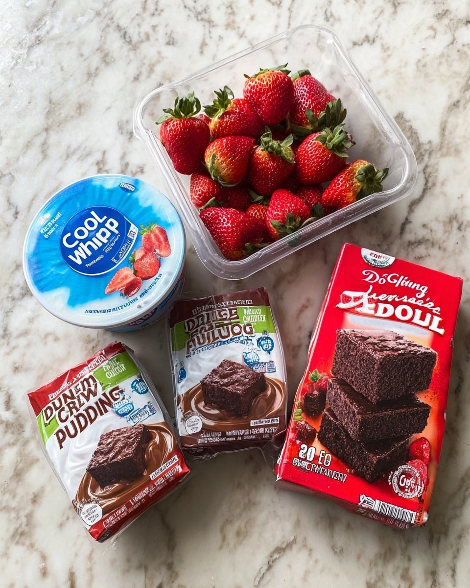 A clear plastic container holds bright red strawberries with green tops. Near it, there are two small boxes of JELL-O chocolate pudding, each showing creamy chocolate pudding on the front. Two red Duncan Hines Chewy Fudge brownie mix boxes feature pictures of thick, dark chocolate brownies stacked on the front. A round tub of Cool Whip Original with a blue and white lid sits on the left side. All items are placed on a white marbled surface. photo taken with an iphone --ar 4:5 --v 7