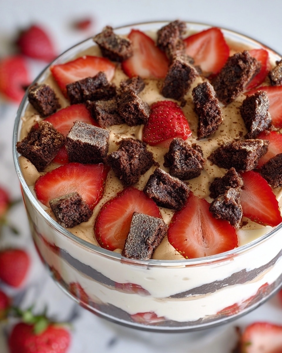 The image shows a clear glass bowl filled with three visible layers. The bottom layer appears smooth and white, likely a creamy base. The middle layer is a thick, light brown cream, evenly spread. The top layer is decorated with fresh red strawberry slices and scattered chunks of dark brown cake or brownie pieces, arranged evenly around the surface and in the center. The bowl is placed on a white marbled surface, and some pieces of strawberries and cake are blurred in the background. Photo taken with an iphone --ar 4:5 --v 7