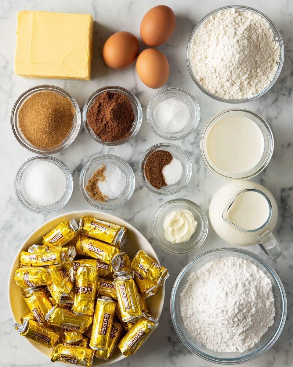 The image shows various baking ingredients neatly arranged on a white marbled surface. From the top left, there is a block of yellow butter, two brown eggs, a bowl of white flour, and a glass of cream. Below them, bowls contain brown sugar, white sugar, and several small glass containers hold salt, baking powder, and other white powders. To the bottom left, a large white bowl is filled with yellow wrapped Werther's Original candies. On the bottom right, there is a large glass bowl full of powdered sugar and a glass jug of cream next to it. All items are seen from above and are evenly spaced. Photo taken with an iphone --ar 4:5 --v 7