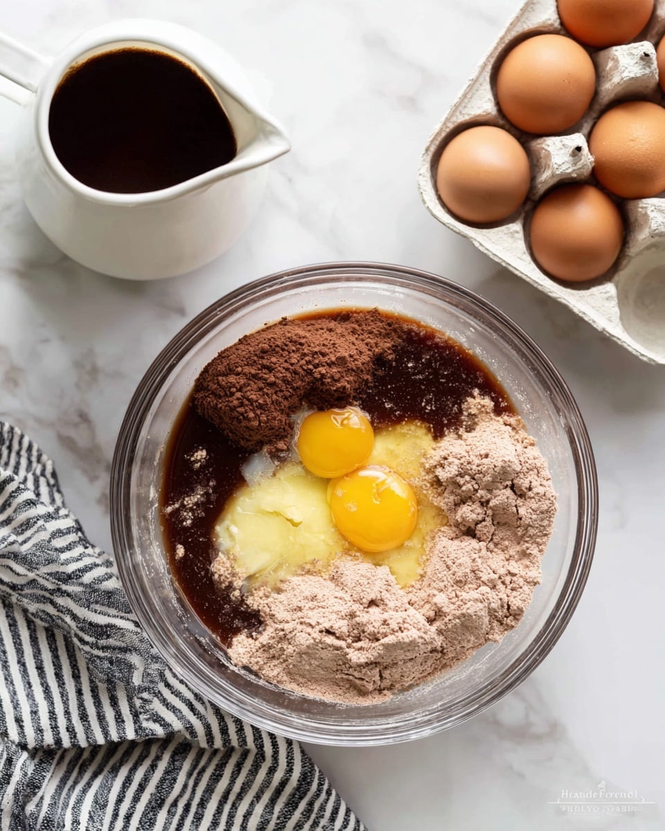 A clear glass mixing bowl sits on a white marbled surface, filled with three layers: a bottom layer of dark brown liquid, two raw eggs with bright yellow yolks and translucent whites, and a top layer of light brown dry cocoa powder mix. Above and to the top left of the bowl is a small white jug filled with thick dark brown liquid, and to the top right is a white carton holding four brown eggs. A striped black and white cloth is partially visible at the bottom left. Photo taken with an iphone --ar 4:5 --v 7