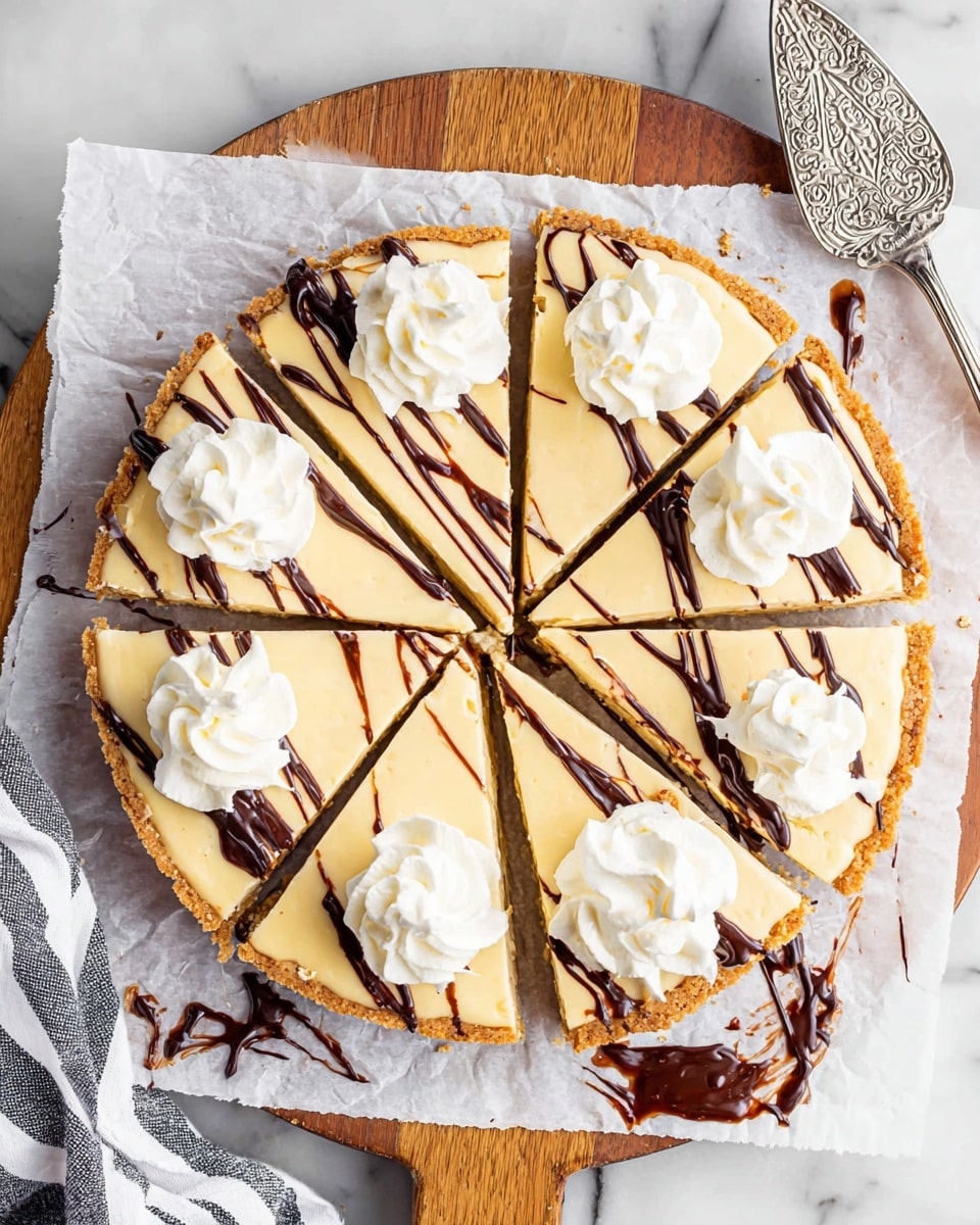 A round pie is cut into eight slices and placed on white parchment paper on a wooden board with a white marbled background. The pie has a light brown crust with a smooth pale yellow filling. Each slice has dark chocolate drizzle lines running across the top and a swirl of white whipped cream in the center. Some chocolate drizzle is also visible on the parchment paper near the edges. A decorative silver pie server with leftover chocolate is placed to the right of the pie. A white and black striped cloth is partially visible at the bottom left corner. Photo taken with an iphone --ar 4:5 --v 7