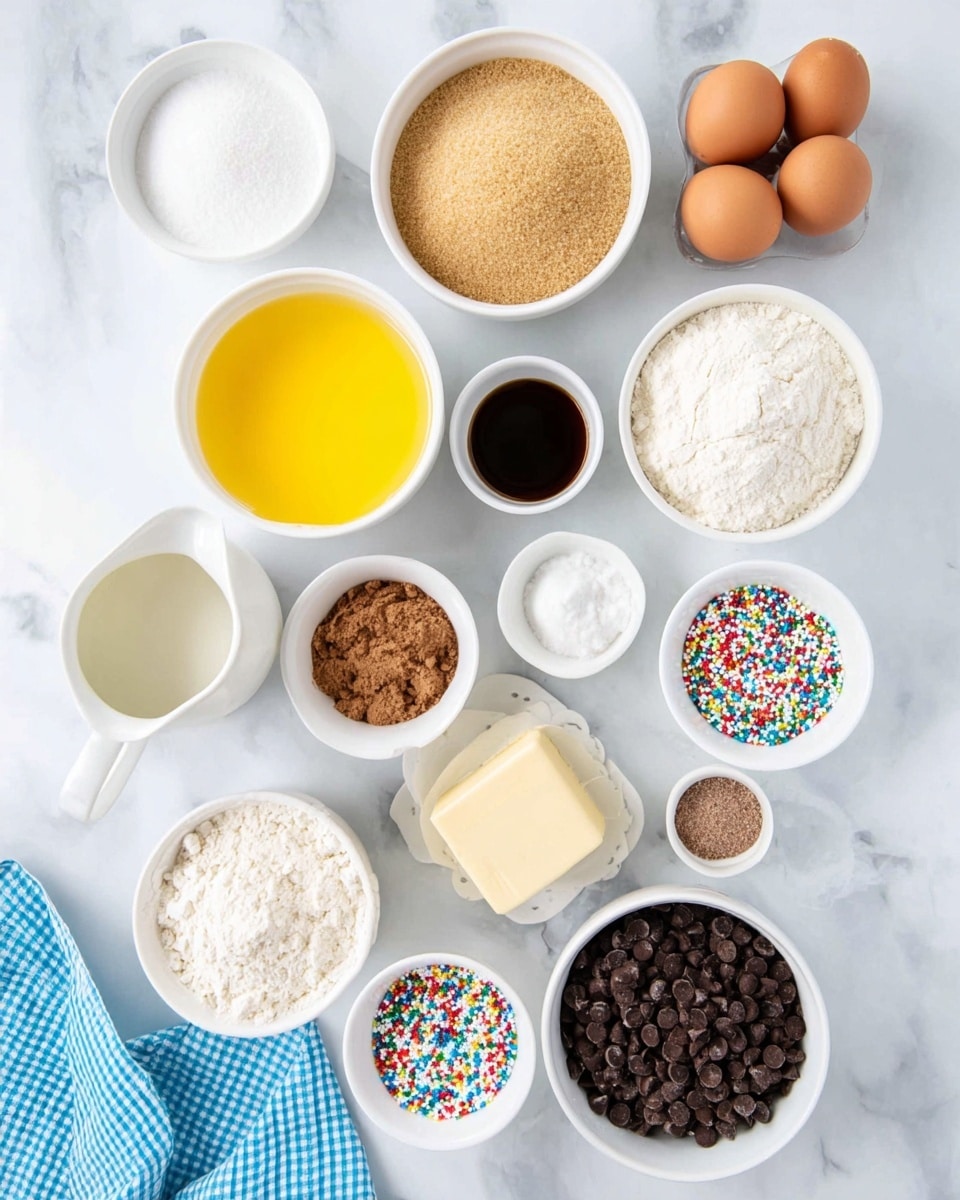 A flat lay image shows eleven white bowls and cups placed on a white marbled surface, each holding different baking ingredients. From top to bottom and left to right, there is a bowl filled with white granulated sugar, a bowl with melted yellow butter, a bowl with packed light brown sugar, a bowl with three brown eggs, a small white pitcher with white milk, a small bowl with dark brown vanilla extract, a small bowl with white salt, a bowl of light brown cocoa powder, a bowl of white flour, a small bowl with a square of pale yellow butter, a bowl filled with dark chocolate chips, and a bowl with colorful round sprinkles. A blue and white checkered cloth is partially visible in the bottom left corner. Photo taken with an iphone --ar 4:5 --v 7