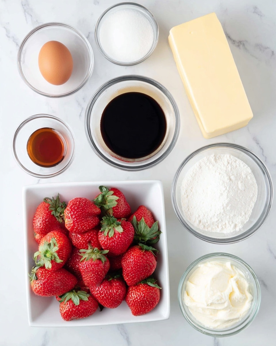 A white square bowl filled with bright red strawberries with green leaves sits on a white marbled surface. Surrounding the bowl are clear glass bowls containing white sugar, dark brown vanilla extract, smooth white cream cheese, and white powdered sugar. There is also a single light brown egg and a large rectangular block of pale yellow butter. The items are neatly arranged and spaced out. Photo taken with an iphone --ar 4:5 --v 7