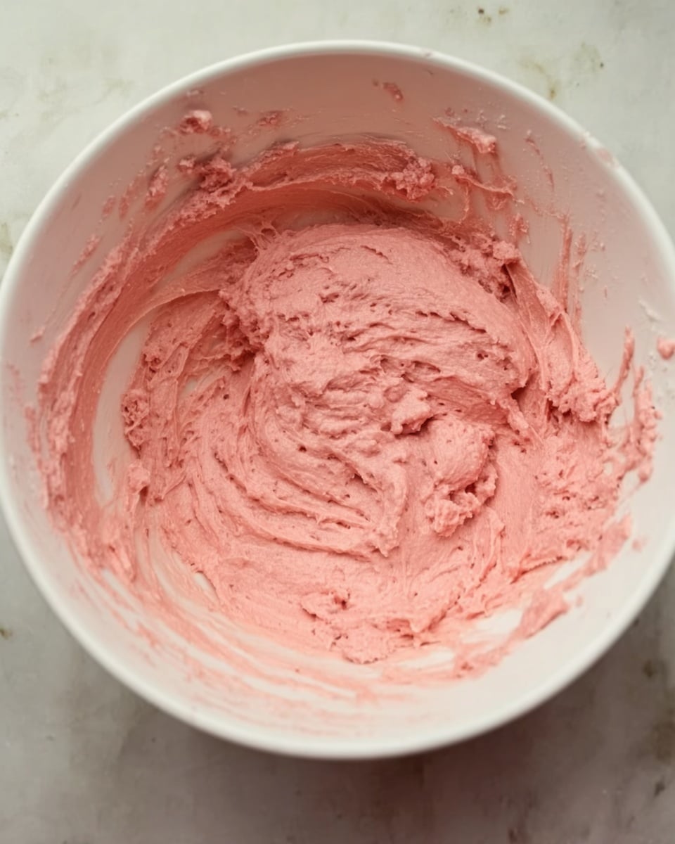 The image shows a white bowl filled with a thick, pink mixture that has a creamy texture with some small chunks. The mixture looks smooth but slightly uneven, with streaks and swirls visible throughout. The bowl is placed on a white marbled surface, with some mixture smeared slightly on the inside edges of the bowl. The colors are mainly soft pink and white, with the pink mixture standing out against the white bowl and surface. photo taken with an iphone --ar 4:5 --v 7