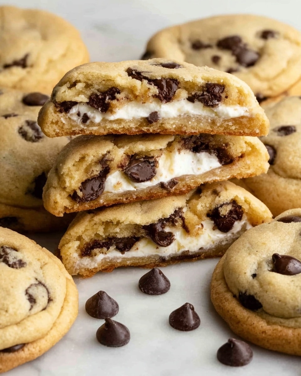 The image shows several soft chocolate chip cookies on a white marbled surface, with a few chocolate chips scattered around. In the center, three cookie halves are stacked on one another to show the inside layers – the outer cookie dough is golden brown and soft, with visible melted dark chocolate chips dotted throughout. Inside the cookie, there is a creamy white layer that looks smooth and thick, sandwiched between the cookie dough layers. The cookies are slightly round and have a soft, bumpy texture from the chocolate chips. Photo taken with an iphone --ar 4:5 --v 7