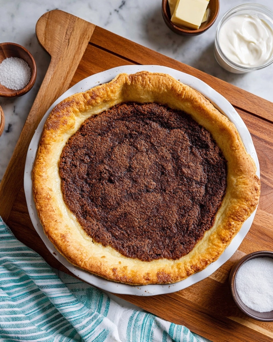 A freshly baked pie with two main layers is shown from above on a round white plate. The bottom layer is a golden-brown crust, thick and puffy around the edges with a soft, airy texture. The top layer is a dark brown filling, spread evenly over the crust, with a rough and slightly crumbly texture that covers the entire surface inside the crust. The plate is on a wooden board with bowls containing butter, powdered sugar, and milk nearby. A striped white and turquoise towel is partially visible beside the plate. The surface beneath everything has a white marbled texture. photo taken with an iphone --ar 4:5 --v 7