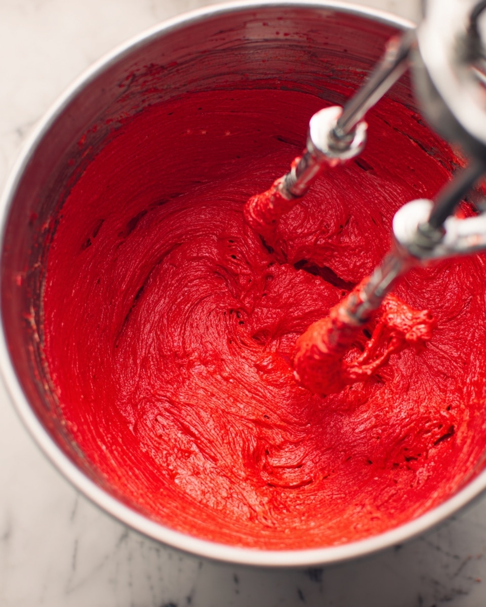 Inside a shiny metal mixing bowl, bright red thick batter is being mixed with two beaters. The batter looks smooth and creamy, with a rich, even red color covering the bowl's inner sides. The metal beaters have some batter stuck to them, showing the creamy texture, and the bowl is placed on a white marbled surface. photo taken with an iphone --ar 4:5 --v 7