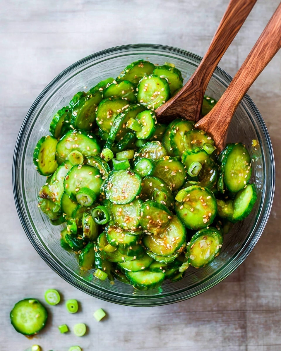 A clear glass bowl filled with many bright green cucumber slices mixed with light green onion pieces and sprinkled with small tan sesame seeds. The cucumbers look shiny and fresh with a bit of sauce coating them. Two small wooden forks are placed inside the bowl, one on each side, stirring the cucumber salad. Some green onion slices are scattered on the white marbled surface below. Photo taken with an iphone --ar 4:5 --v 7