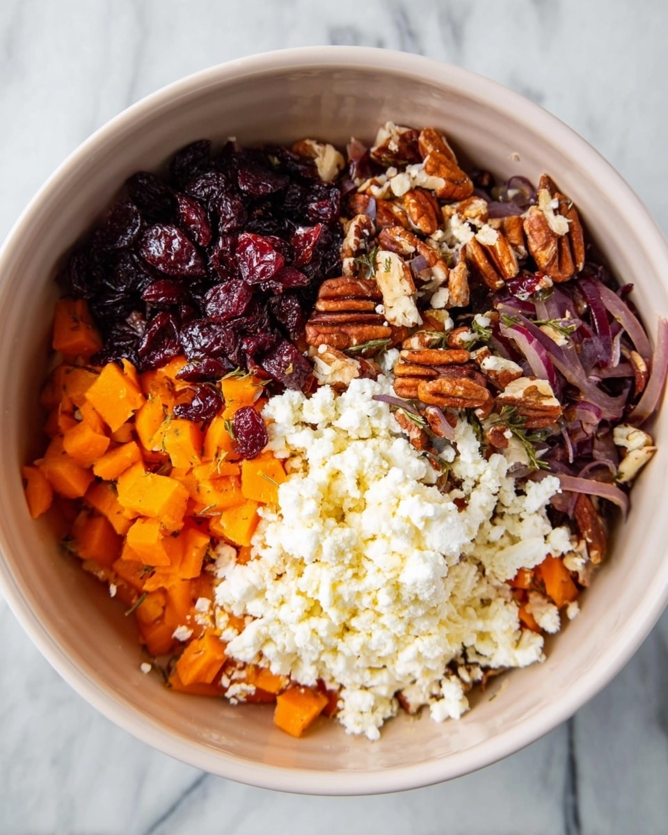 In a white bowl, there are four layers placed side by side: on the left, a mix of dark red dried cranberries and brown pecan pieces; next to it on the right, a pile of white crumbly cheese; below the cheese, bright orange cooked carrot chunks mixed with dark cooked onion slices; and above the carrots, more of the white crumbly cheese. The bowl sits on a white marbled surface. photo taken with an iphone --ar 4:5 --v 7