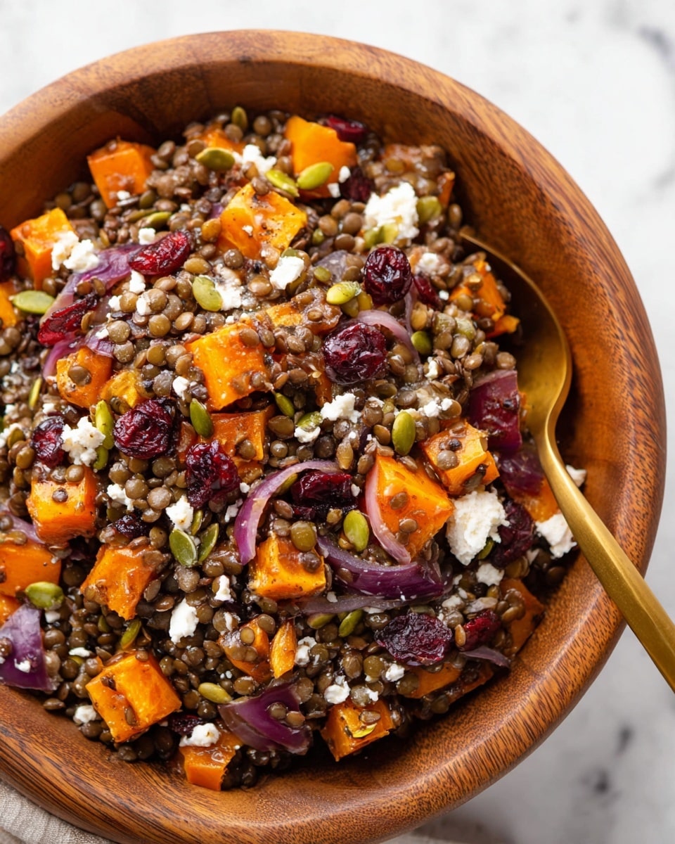 A wooden bowl filled with a colorful lentil salad sits on a white marbled surface. The salad has a base layer of small brown lentils mixed with bright orange cubes of roasted squash scattered evenly throughout. There are dark purple slices of cooked red onion mixed in, alongside pieces of dried red cranberries and small green pumpkin seeds. Small bits of white crumbled cheese are also sprinkled in, adding a soft texture contrast. A gold spoon is partially placed inside the bowl, resting on the right edge. Photo taken with an iphone --ar 4:5 --v 7