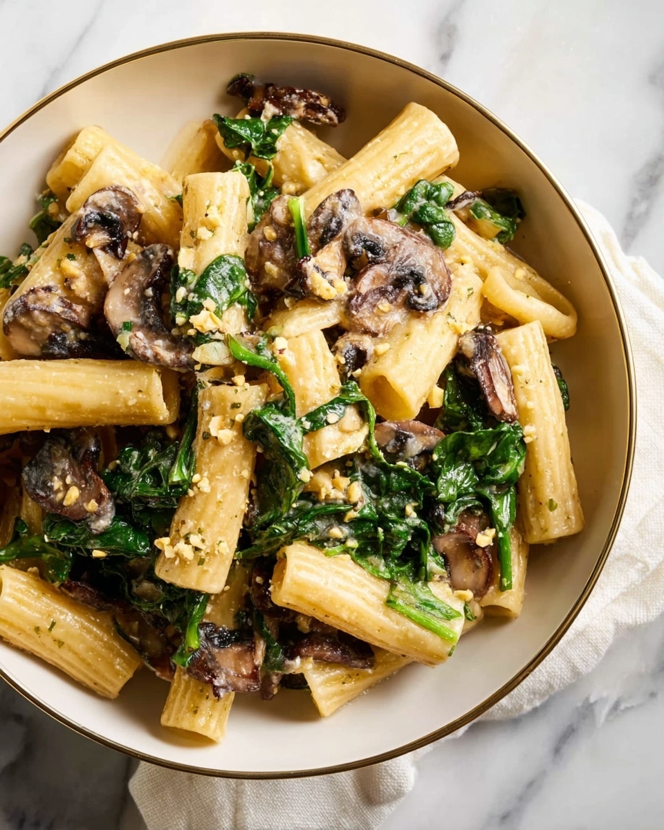 A bowl filled with rigatoni pasta mixed with cooked dark brown mushroom slices and bright green spinach leaves. The pasta is coated in a creamy sauce with small bits of light yellow cheese or nuts sprinkled throughout. The bowl is white and sits on a white marbled surface with a white cloth napkin beside it. photo taken with an iphone --ar 4:5 --v 7
