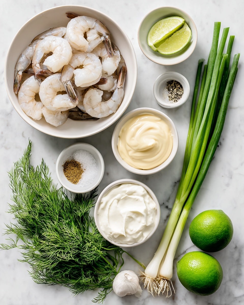 The image shows a white bowl filled with shrimp that have a pale pink and white color with dark tails, placed near the top center. Below it, a white bowl holds smooth, creamy mayonnaise with a pale yellow color. To the right, a smaller white bowl contains white sour cream with a thick texture. In the bottom middle, a tiny white bowl has a small amount of light brown Dijon mustard. Next to it, another small white bowl holds white salt and black pepper. Fresh green dill sprigs spread out on the left side, below a dark green cucumber that lies horizontally. To the right of the shrimp bowl, three green onions with white bases and long green stalks lean diagonally. Two whole bright green limes sit at the bottom right corner. A single white garlic clove lies near the green onions on the white marbled surface. The overall setup has a clean look with each item visible and arranged neatly. Photo taken with an iphone --ar 4:5 --v 7