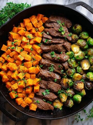 Garlic Butter Steak with Roasted Brussels Sprouts and Butternut Squash Recipe