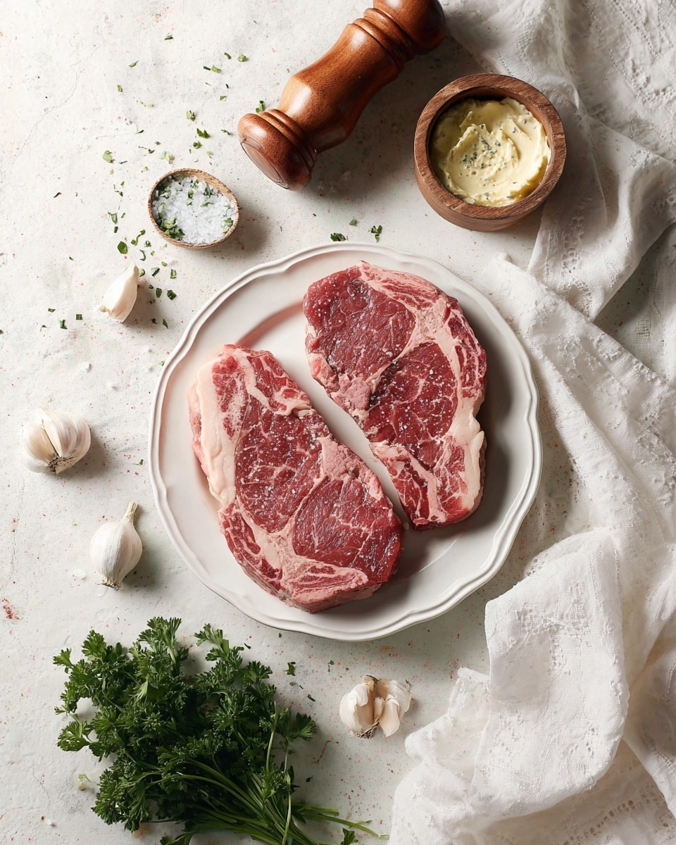 Two raw steaks with marbled fat and pinkish-red color lie side by side on a white plate with a scalloped edge. Around the plate, the white marbled surface holds a wooden salt container filled with coarse salt, a wooden pepper grinder, a small bowl with creamy herb butter, fresh green parsley bunches, and scattered garlic cloves with some white peel skin. A white cloth napkin is casually placed near the bowl of butter. The setup looks natural and rustic, with soft lighting creating gentle shadows. photo taken with an iphone --ar 4:5 --v 7