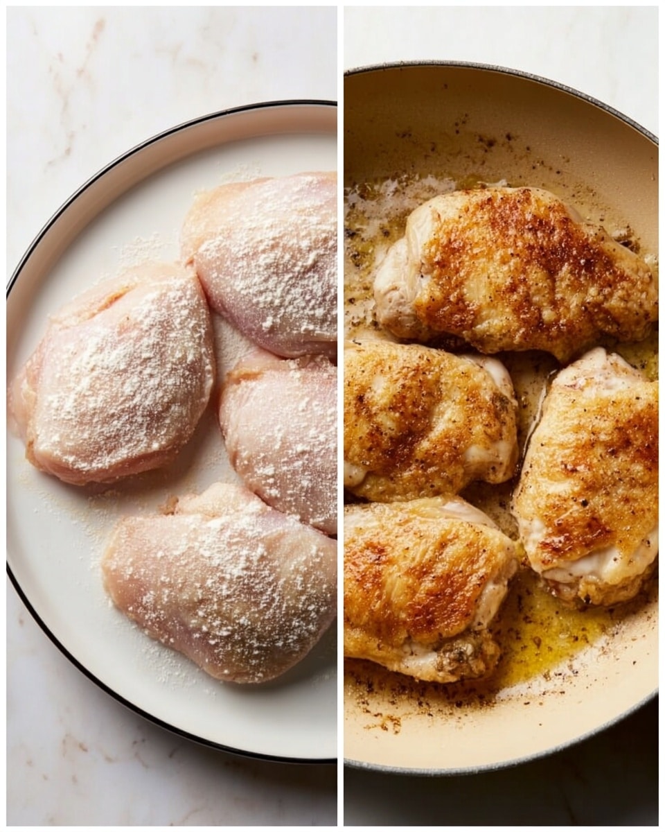 The image shows two side-by-side photos. The left photo has four pieces of raw chicken, lightly dusted with flour, placed on a white plate with a thin black rim, all set on a white marbled surface. Each piece of chicken is pale pink with a soft texture and slightly rounded shape. The right photo shows four cooked pieces of chicken with a golden-brown, crispy skin frying in a beige pan with some browned bits and oil residue on the bottom. The chicken pieces are arranged close together but not touching, and the pan sits on the same white marbled surface. photo taken with an iphone --ar 4:5 --v 7