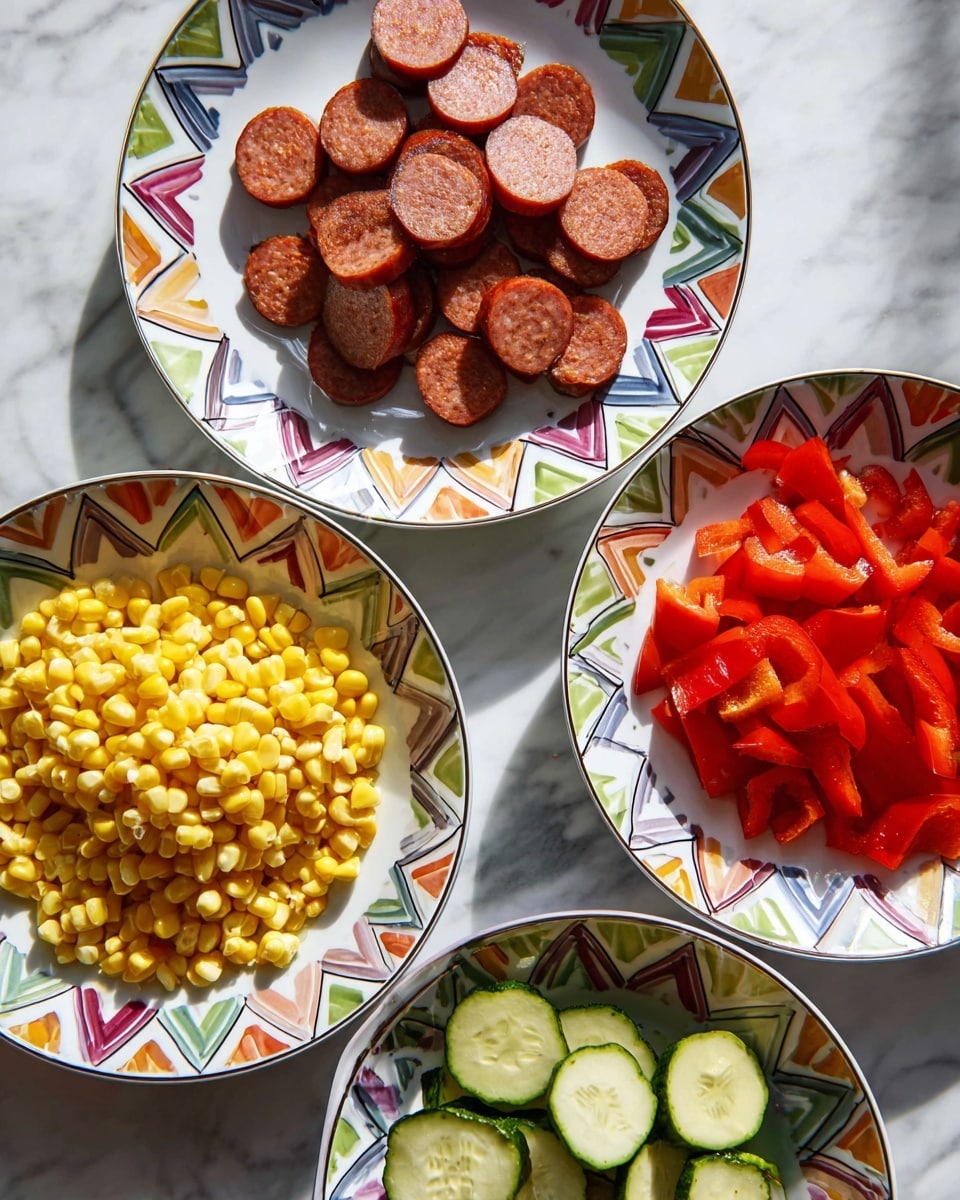 Four white plates with colorful geometric patterns on the rims sit on a white marbled surface. The top plate holds several slices of reddish-brown sausage, arranged in a loose pile with some slices stacked in the center. Below to the left is a plate filled with bright yellow corn kernels, unevenly spread across its surface. On the right side, another plate holds small diced pieces of red bell pepper, arranged in a thick layer. The bottom plate contains light green, quartered zucchini slices, scattered to fill the bowl. All plates are viewed from above in natural light. Photo taken with an iphone --ar 4:5 --v 7