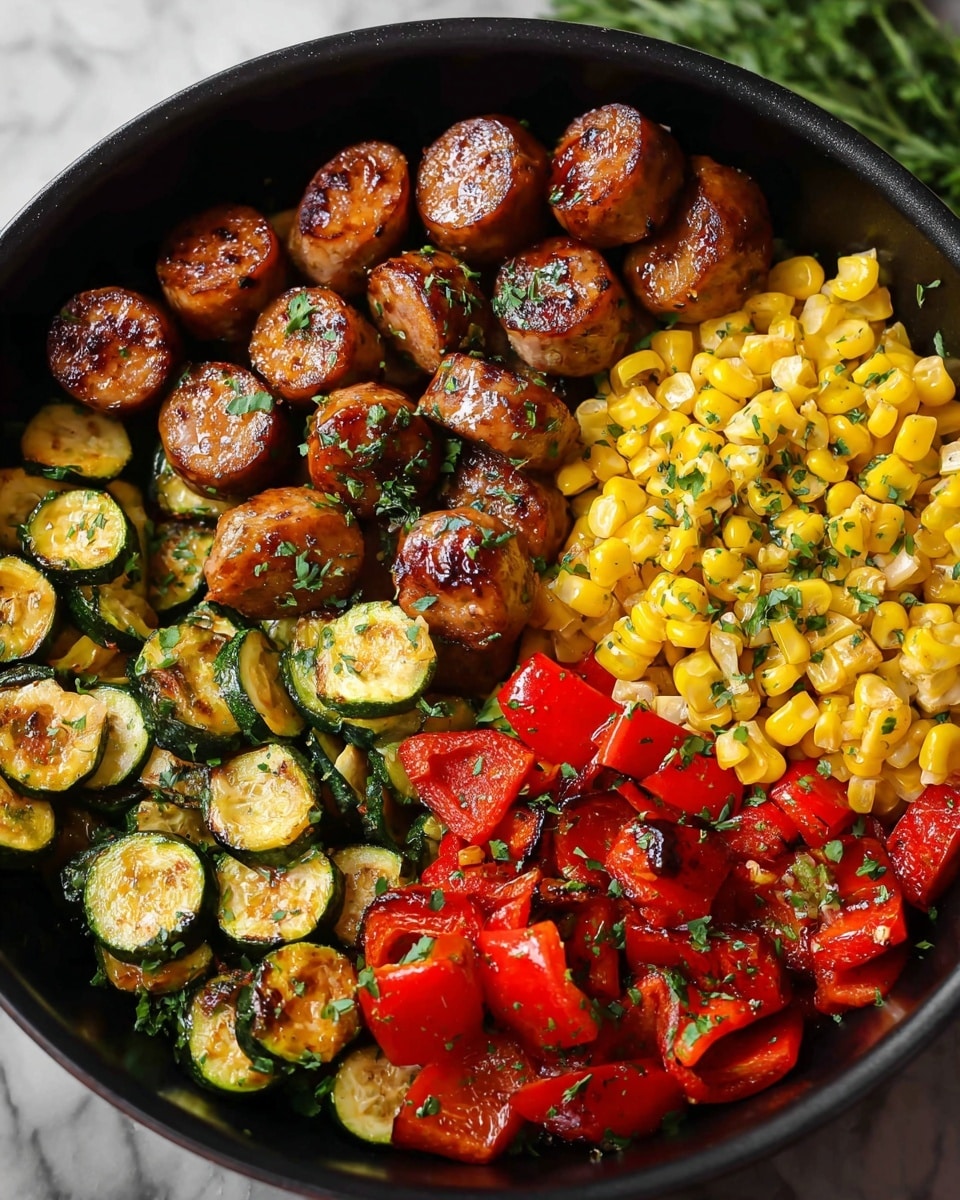 The image shows a black pan filled with four sections of food. The top left section has round, brown slices of cooked sausage with a shiny glaze and some green herbs sprinkled on top. The top right section is bright yellow corn cut from the cob with small green herbs mixed in. The bottom left section contains golden-brown grilled zucchini slices with green skin. The bottom right section has red bell pepper pieces with green herbs scattered on them. The background is a white marbled texture. Photo taken with an iphone --ar 4:5 --v 7