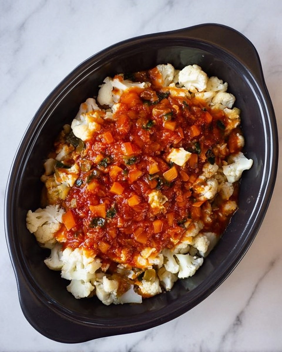 A black oval dish filled with a layer of white cauliflower pieces at the bottom, topped with a layer of chunky red tomato sauce mixed with small bits of orange and green vegetables, sitting on a white marbled texture surface. photo taken with an iphone --ar 4:5 --v 7