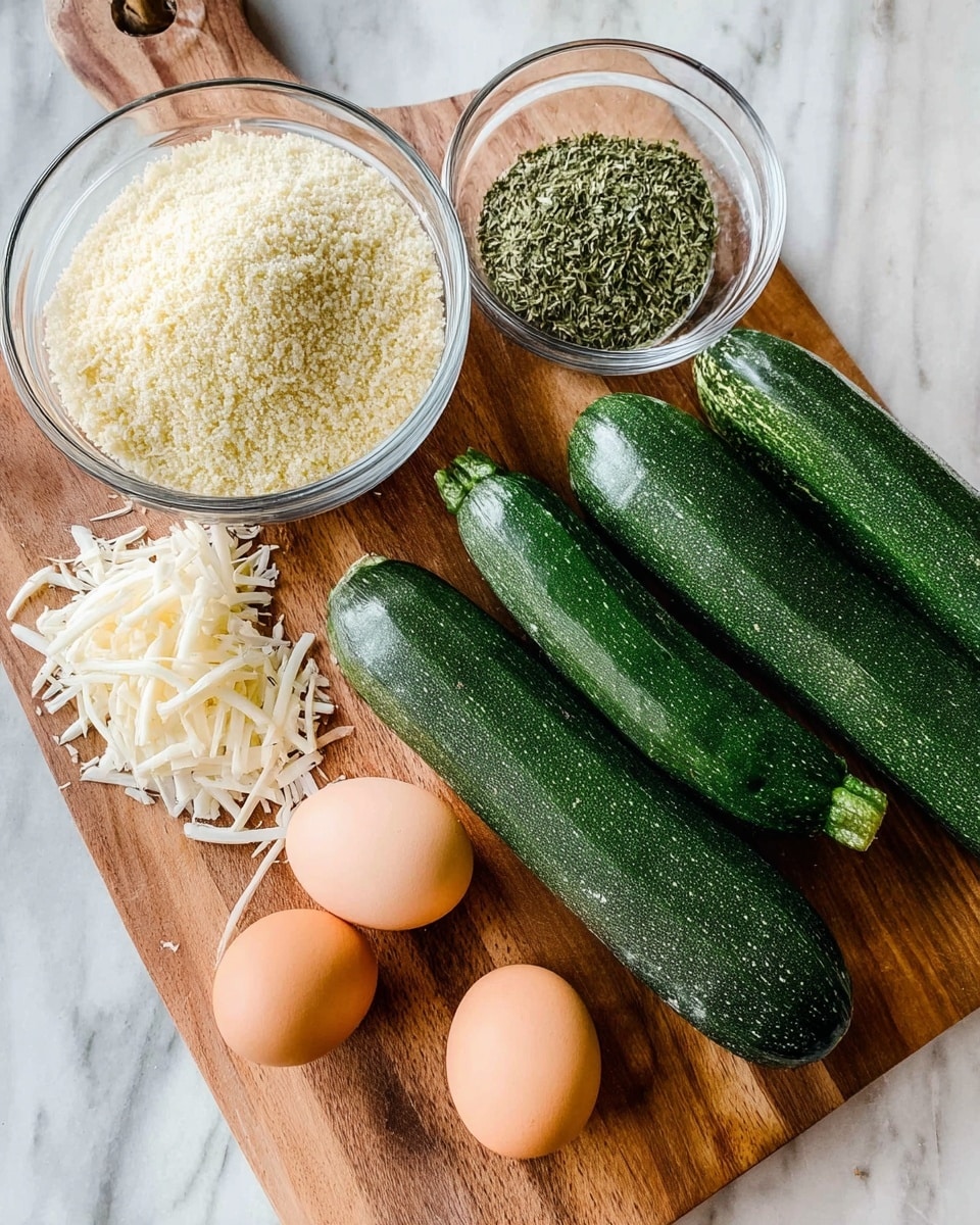 A wooden board on a white marbled surface displays three long, dark green zucchinis with smooth skin on the right side. On the left, a clear glass bowl filled with coarse, light yellow breadcrumbs sits near a smaller clear glass bowl containing green dried herbs. Below these bowls, there is a small pile of white shredded cheese with fine strands, and two brown eggs with clean shells rest next to the cheese. The arrangement is neat and all items show natural textures and fresh appearances. Photo taken with an iphone --ar 4:5 --v 7