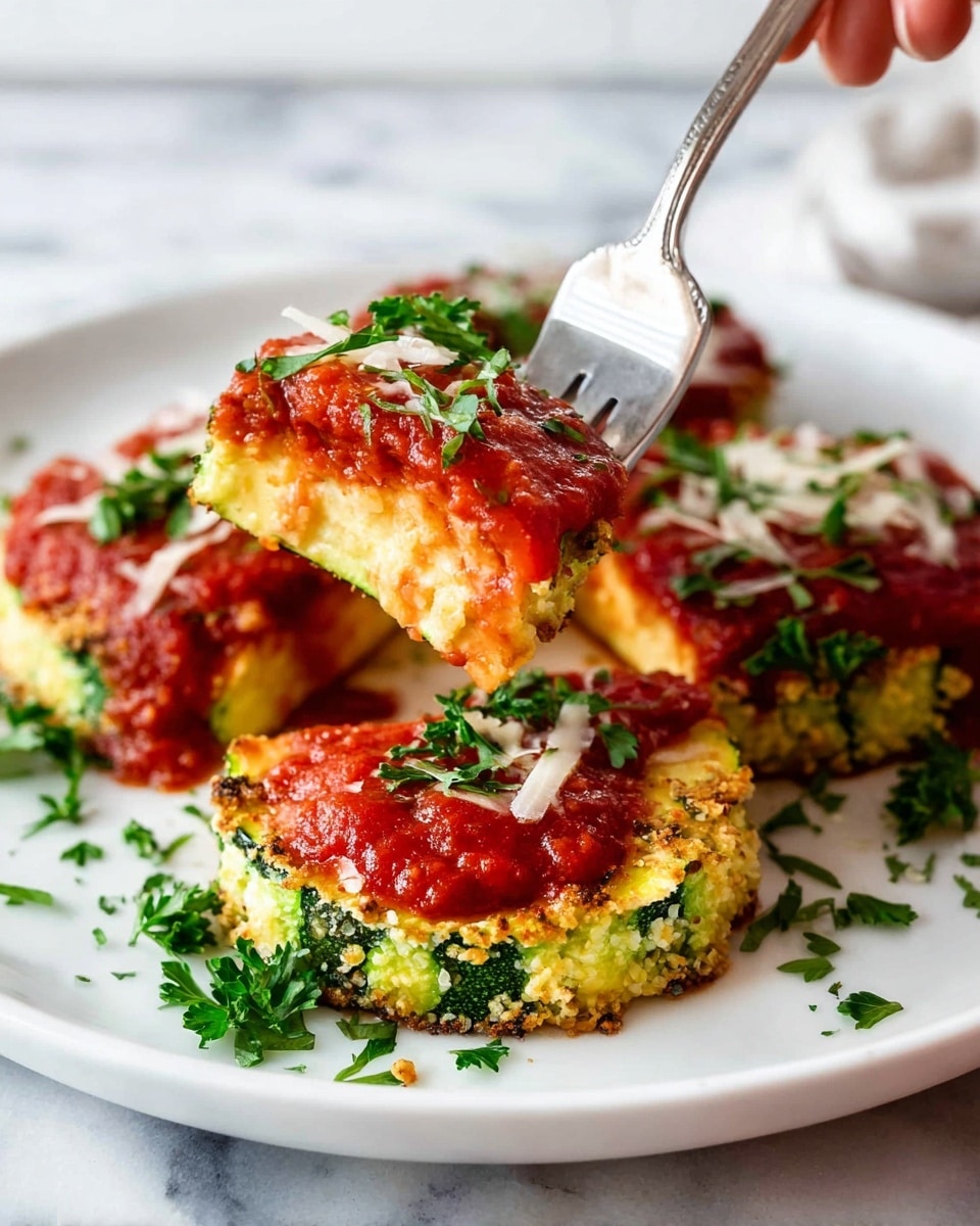A white plate holds three round zucchini slices topped with a layer of golden, slightly crispy cheese crust, followed by a thick red tomato sauce sprinkled with small shreds of white cheese and garnished with fresh green parsley leaves scattered on top and around the plate. A woman's hand holds a silver fork lifting one slice showing the layers clearly: a green and white zucchini base, a middle layer of soft yellow cheese, a top thick layer of textured red tomato sauce, and fresh parsley on top. The background is a white marbled surface. photo taken with an iphone --ar 4:5 --v 7