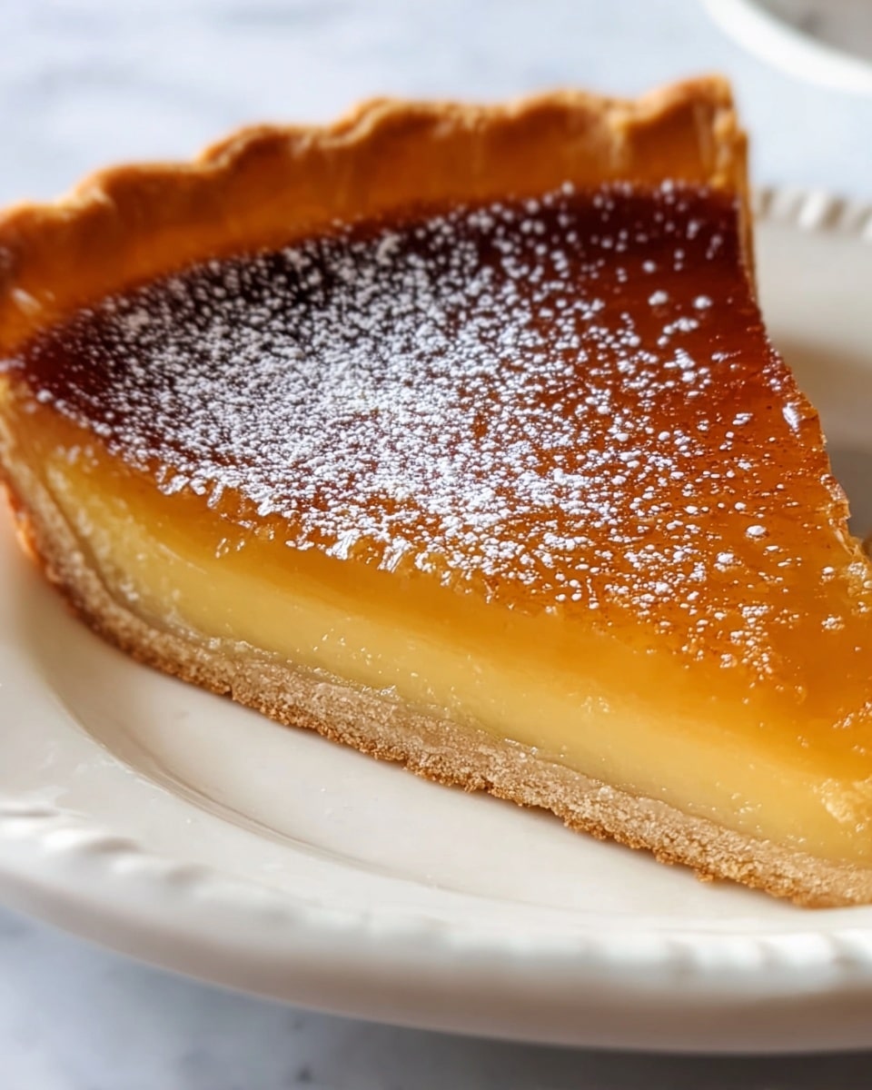 The image shows a single slice of a golden brown pie with three distinct layers. The bottom layer is a thin, light beige crust with a slightly crumbly texture. Above it is a thick, smooth custard layer in pale yellow. The top layer is a darker golden caramelized surface, glossy with a light sprinkling of white powdered sugar. The pie slice sits on a white plate with a slightly embossed rim, placed on a white marbled surface. Photo taken with an iphone --ar 4:5 --v 7