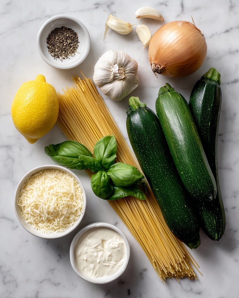The image shows a white marbled surface with several fresh and dry ingredients spread out neatly. There are three dark green zucchinis lined up on the right side. Next to them, a whole light brown onion and three white garlic cloves are placed. Towards the center, a bundle of long, thin, uncooked pasta lies flat with fresh green basil leaves resting above it, and a whole bright yellow lemon beside the basil. On the left side, there is a small white bowl filled with cream and another small white bowl containing black pepper. Below the cream bowl, a small mound of finely grated pale yellow Parmesan cheese sits on the surface. The arrangement is clean and colorful, showing a mix of fresh vegetables, dairy, and pasta ingredients, photo taken with an iphone --ar 4:5 --v 7
