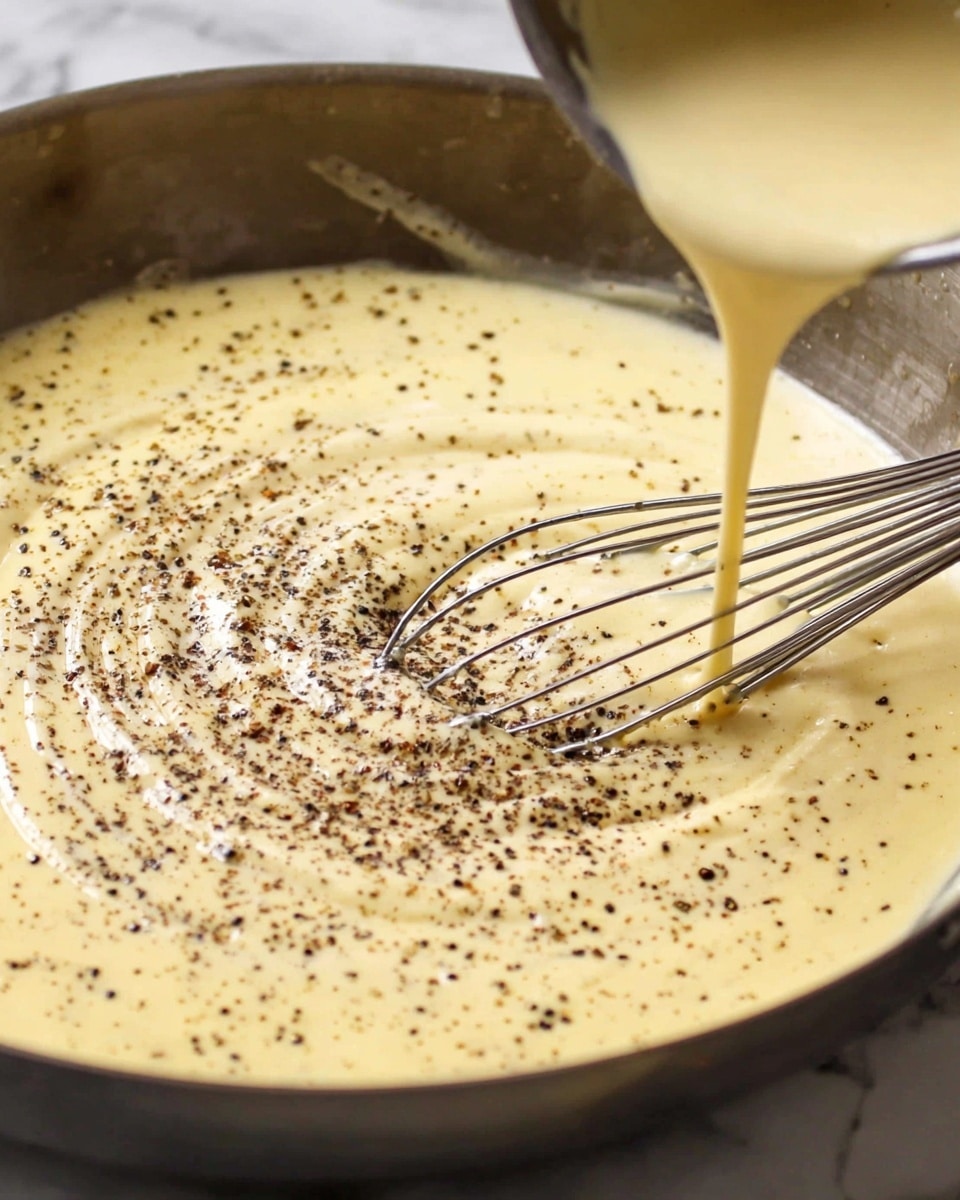 A close-up view of a creamy yellow sauce in a metal pan, with dark specks of black pepper sprinkled evenly across the surface. A metal whisk is partially submerged in the sauce, creating gentle swirls, while a metal ladle pours more liquid into the pan, adding a smooth, flowing texture. The background is a white marbled texture. photo taken with an iphone --ar 4:5 --v 7