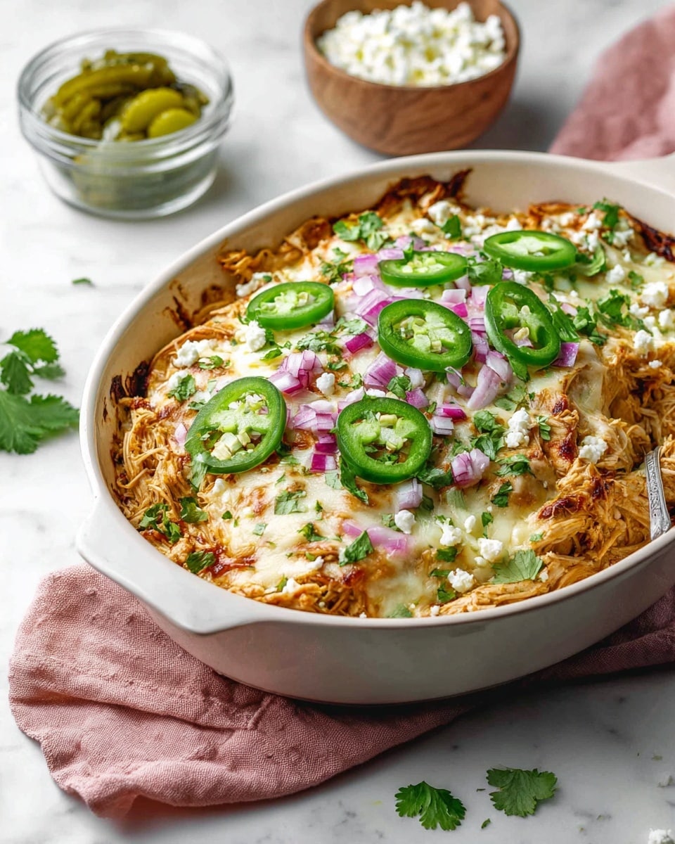The dish is shown in a white oval baking dish filled with three main layers. The bottom layer is shredded cooked chicken in a light brown sauce, looking soft and moist. The middle layer is melted white cheese that is slightly browned on top, spread evenly over the chicken. The top layer is decorated with fresh green jalapeño slices, small pieces of chopped purple onion, and fresh green cilantro leaves scattered across the cheese. The dish is resting on a light pink cloth on a white marbled surface. In the background, there is a small clear glass bowl with greenish pickled vegetables and a wooden bowl with white crumbly cheese. The photo taken with an iphone --ar 4:5 --v 7