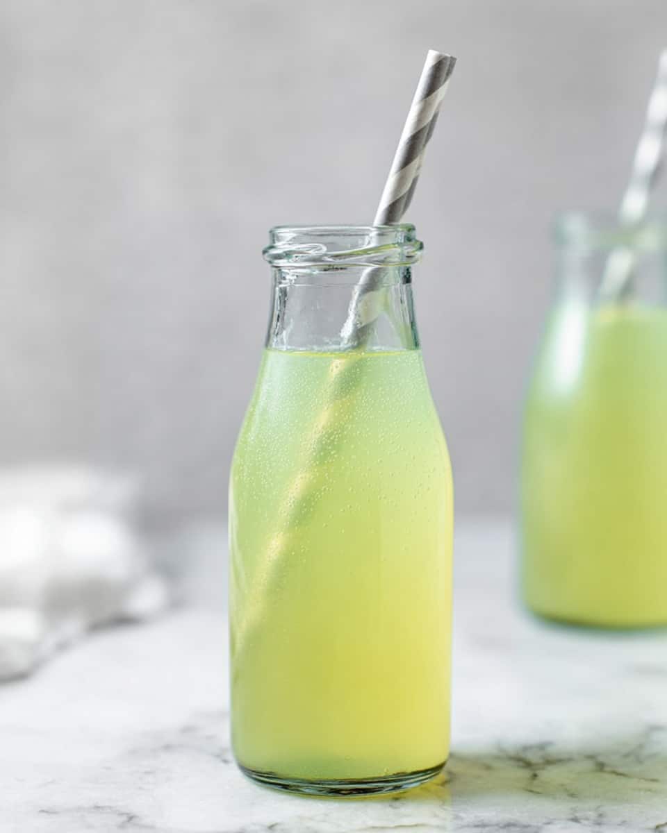 A clear glass bottle filled with a light yellow-green drink, showing small bubbles inside. The bottle has a gray and white striped straw placed inside, tilting slightly to the right. In the background, there is a blurred second bottle with the same drink and straw, all sitting on a white marbled surface with a soft focus. The overall image is bright with soft lighting, emphasizing the fresh and cool look of the drink photo taken with an iphone --ar 4:5 --v 7