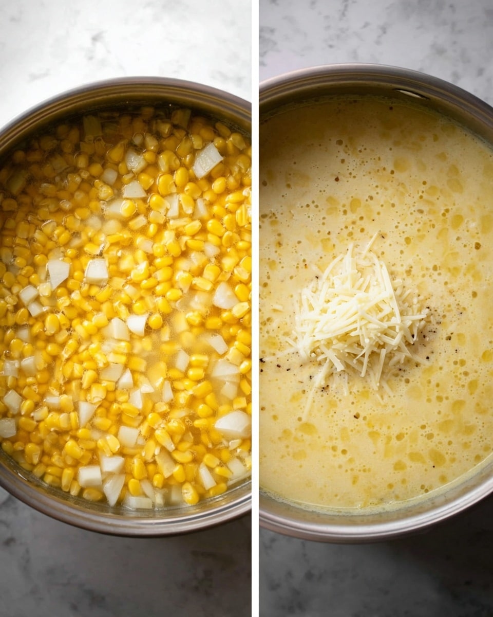 Two side-by-side images show corn soup in a silver pot on a white marbled surface. On the left, whole yellow corn kernels and white diced potatoes float in clear broth, mixed with some black pepper flakes, filling almost to the pot's rim. On the right, the same pot holds a creamy light yellow soup with small bubbles on the surface and a small pile of shredded white cheese resting on one side. photo taken with an iphone --ar 4:5 --v 7